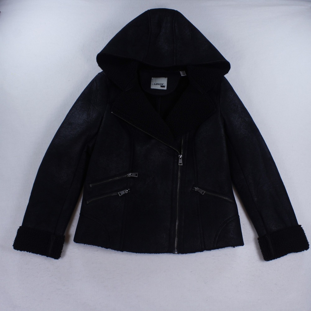 Levi's Women's Hooded Faux Shearling Moto Jacket Medium M Black Sherpa Lined